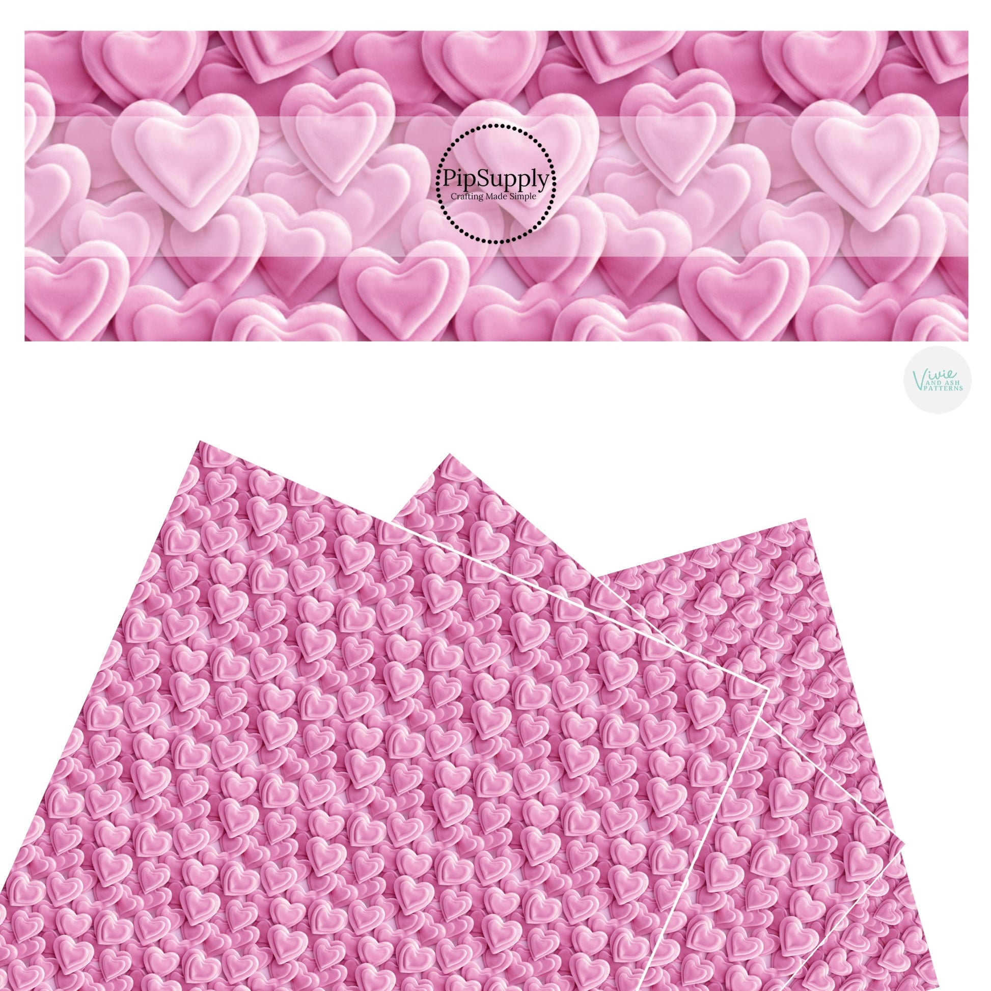 These embroidered faux leather sheets contain the following design elements: stacked pink heart plushies. Our CPSIA compliant faux leather sheets or rolls can be used for all types of crafting projects.