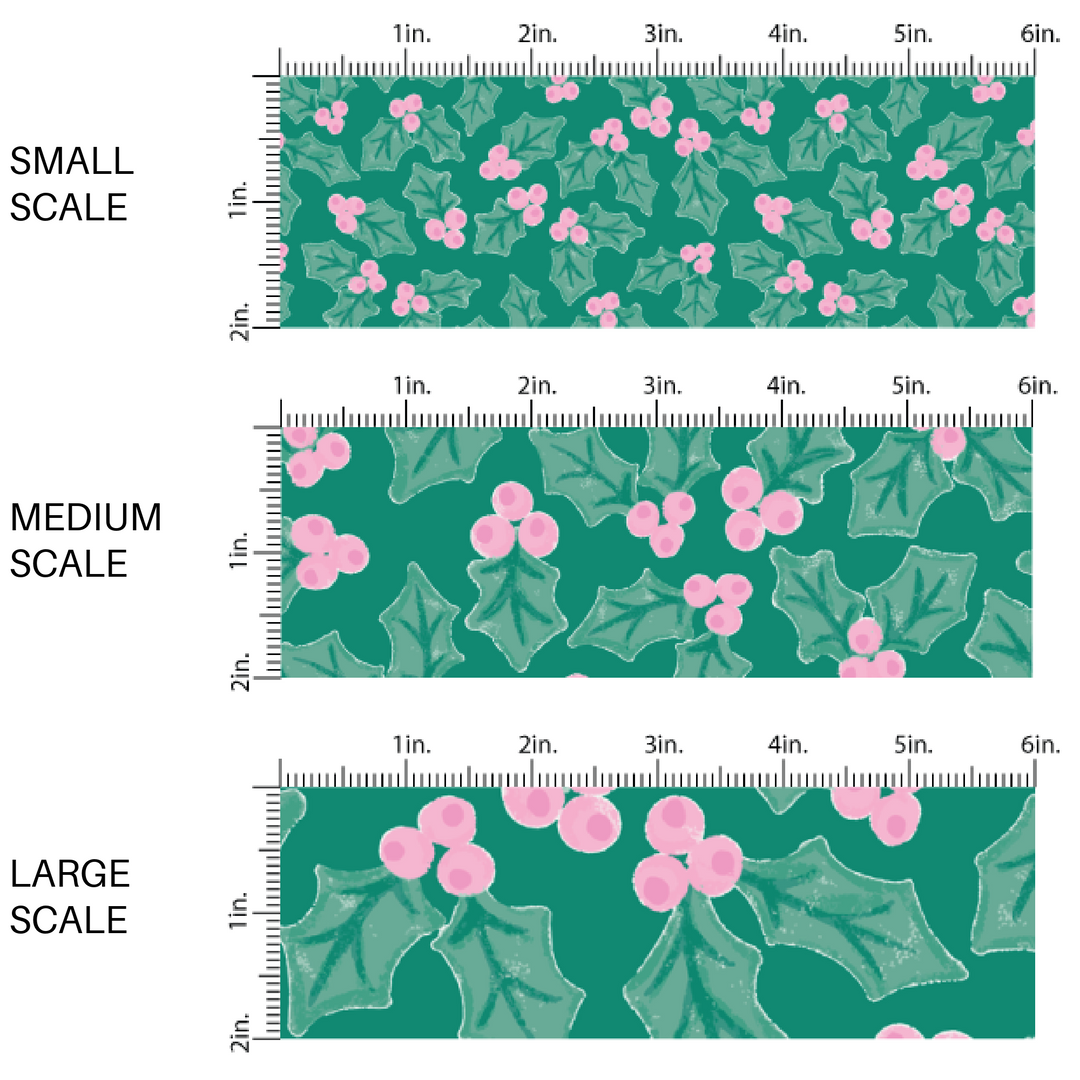 Green fabric by the yard scaled image guide with green holly leaves and pink berries.