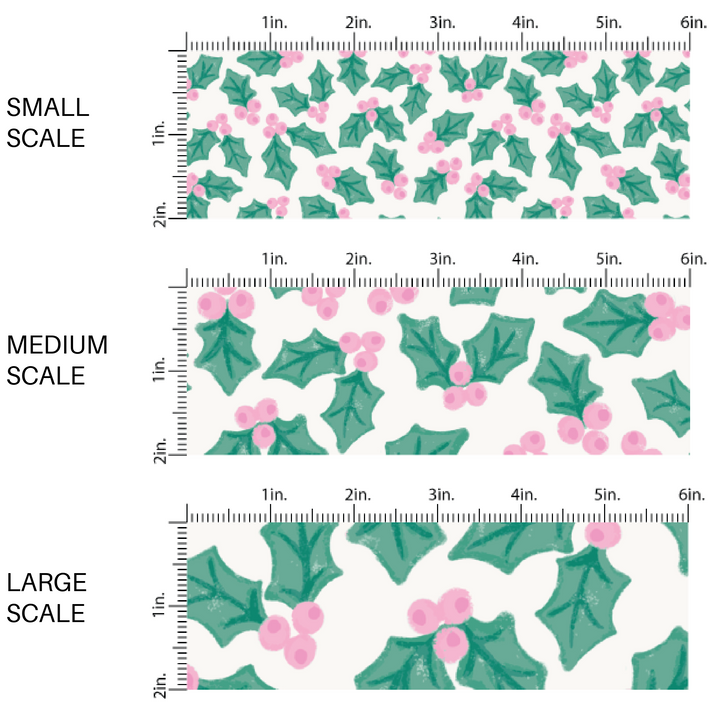 Cream fabric by the yard scaled image guide with green holly leaves and pink berries.