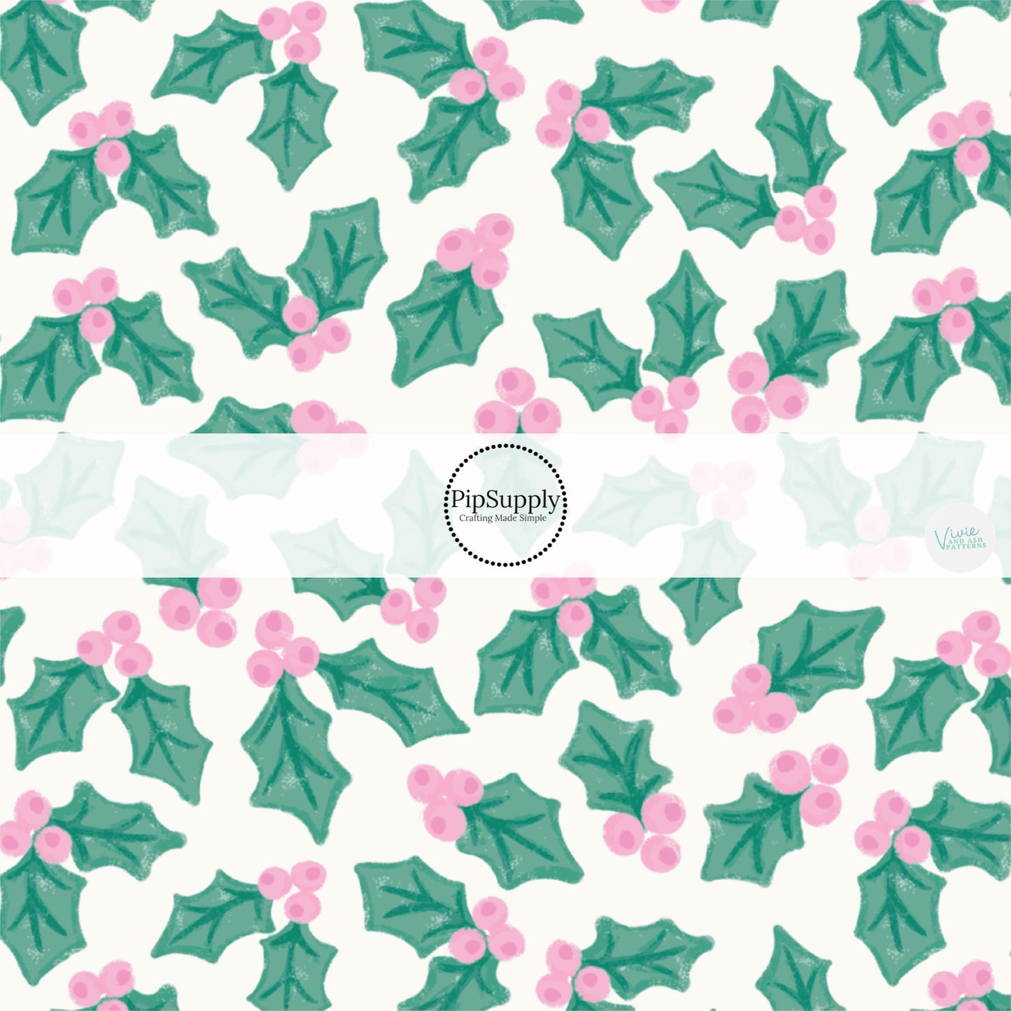 Cream fabric by the yard with green holly leaves and pink berries.