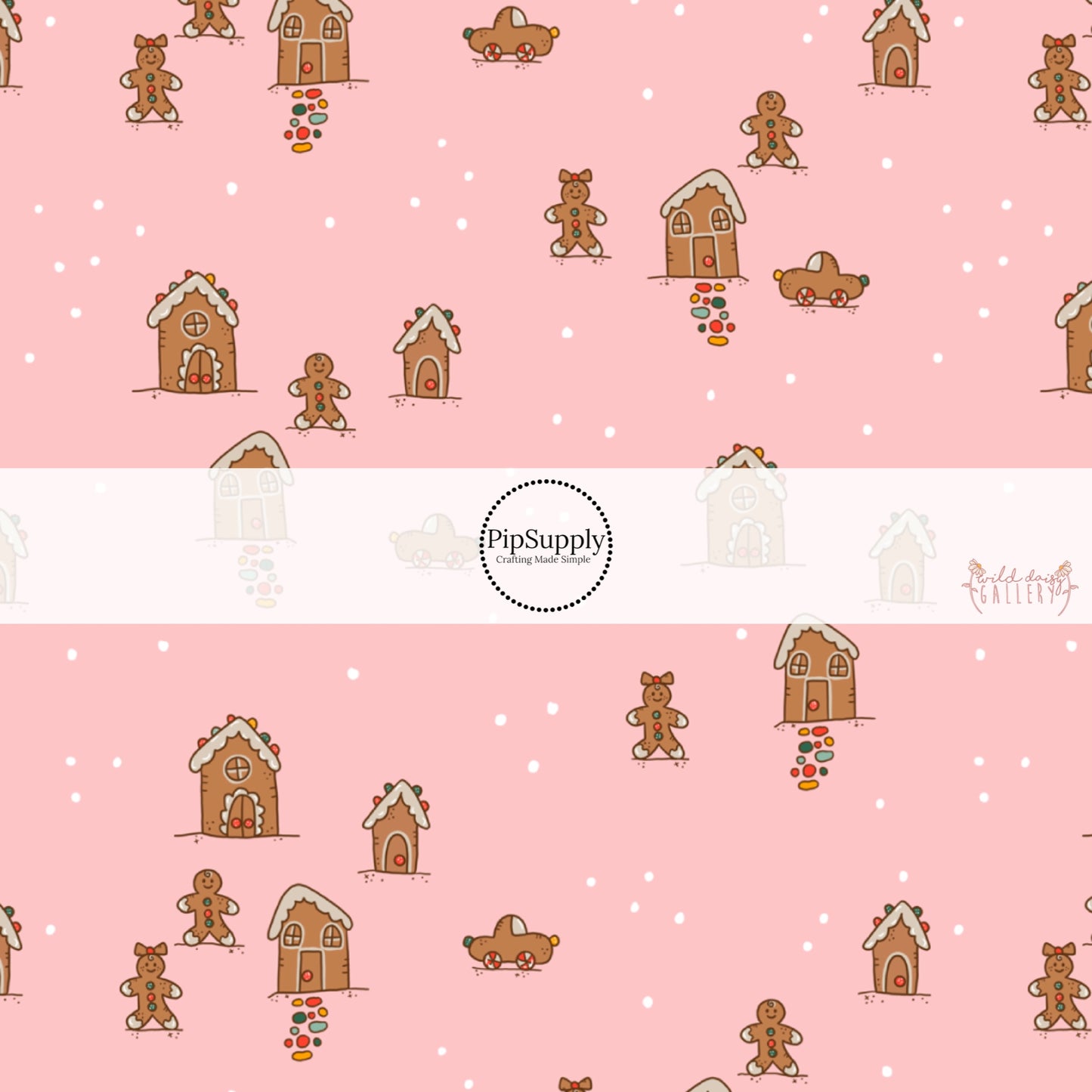 Pink gingerbread people and gingerbread houses fabric by the yard.