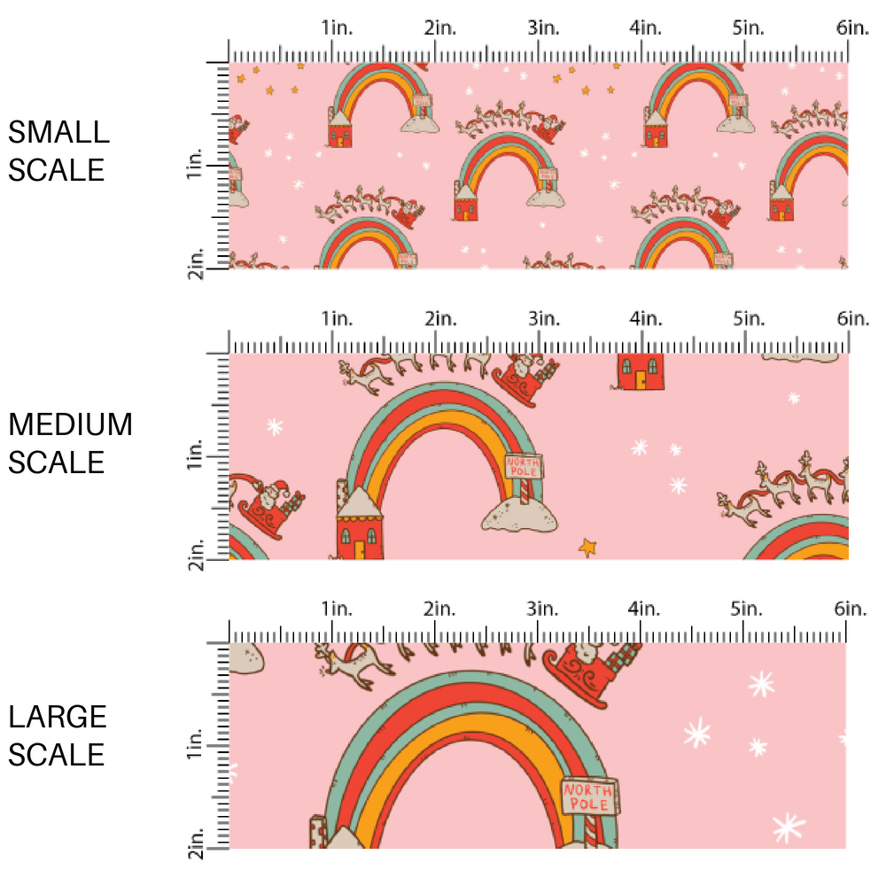 Pink fabric by the yard scaled image guide with rainbows and reindeer.