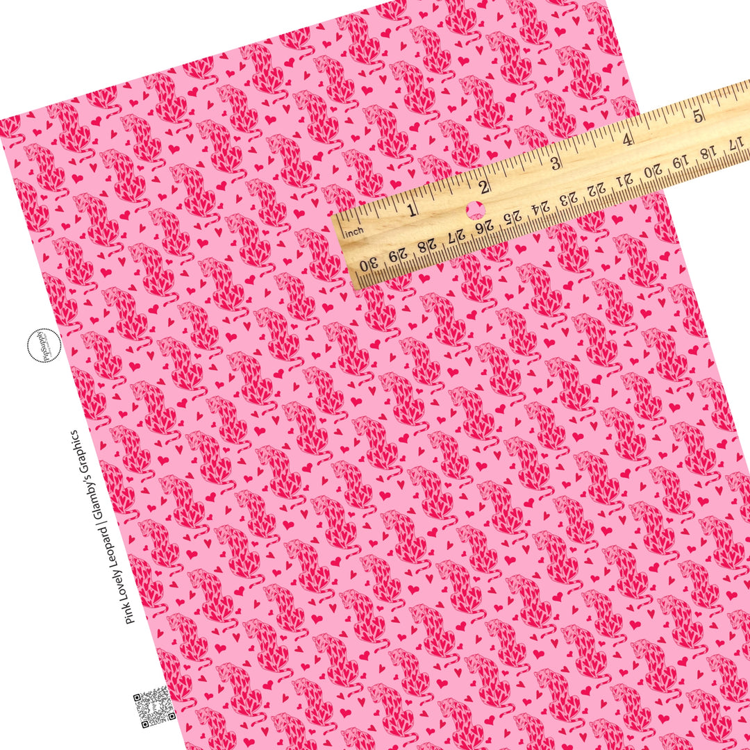 These Valentine's pattern themed faux leather sheets contain the following design elements: leopards with red hearts on pink. Our CPSIA compliant faux leather sheets or rolls can be used for all types of crafting projects.