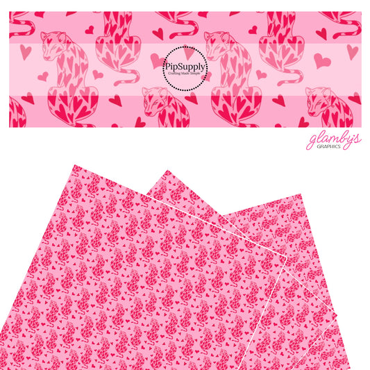 These Valentine's pattern themed faux leather sheets contain the following design elements: leopards with red hearts on pink. Our CPSIA compliant faux leather sheets or rolls can be used for all types of crafting projects.