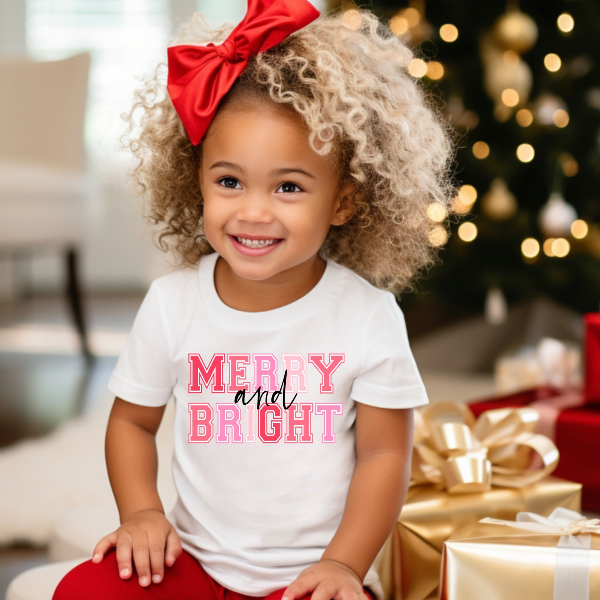 Preppy Pink "Merry and Bright" Christmas Iron On Heat Transfer