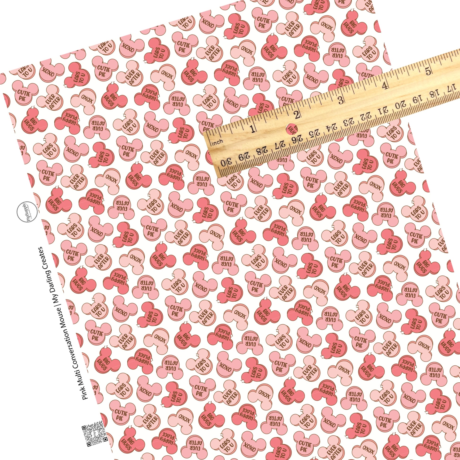 These Valentine's pattern themed faux leather sheets contain the following design elements: red and pink conversation heart mouses on light cream. Our CPSIA compliant faux leather sheets or rolls can be used for all types of crafting projects.
