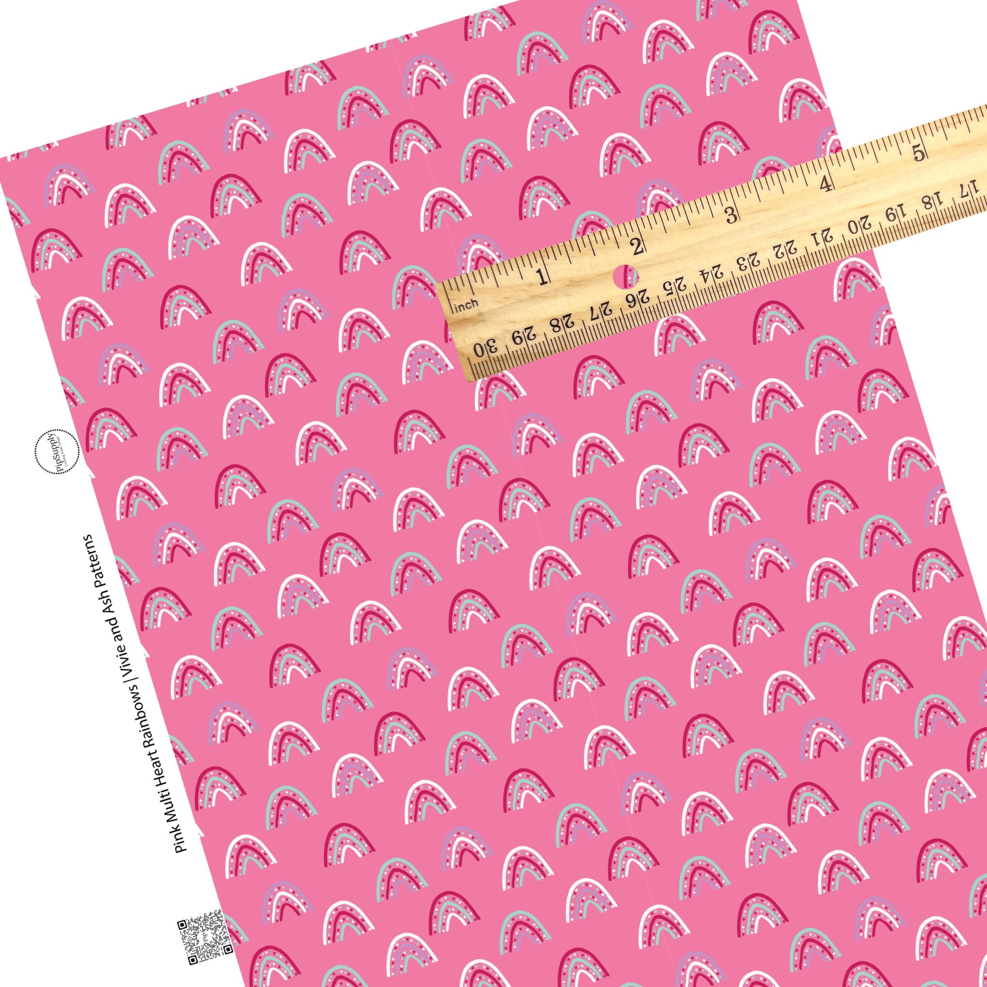 These Valentine's pattern themed faux leather sheets contain the following design elements: multi colored rainbows on pink. Our CPSIA compliant faux leather sheets or rolls can be used for all types of crafting projects.