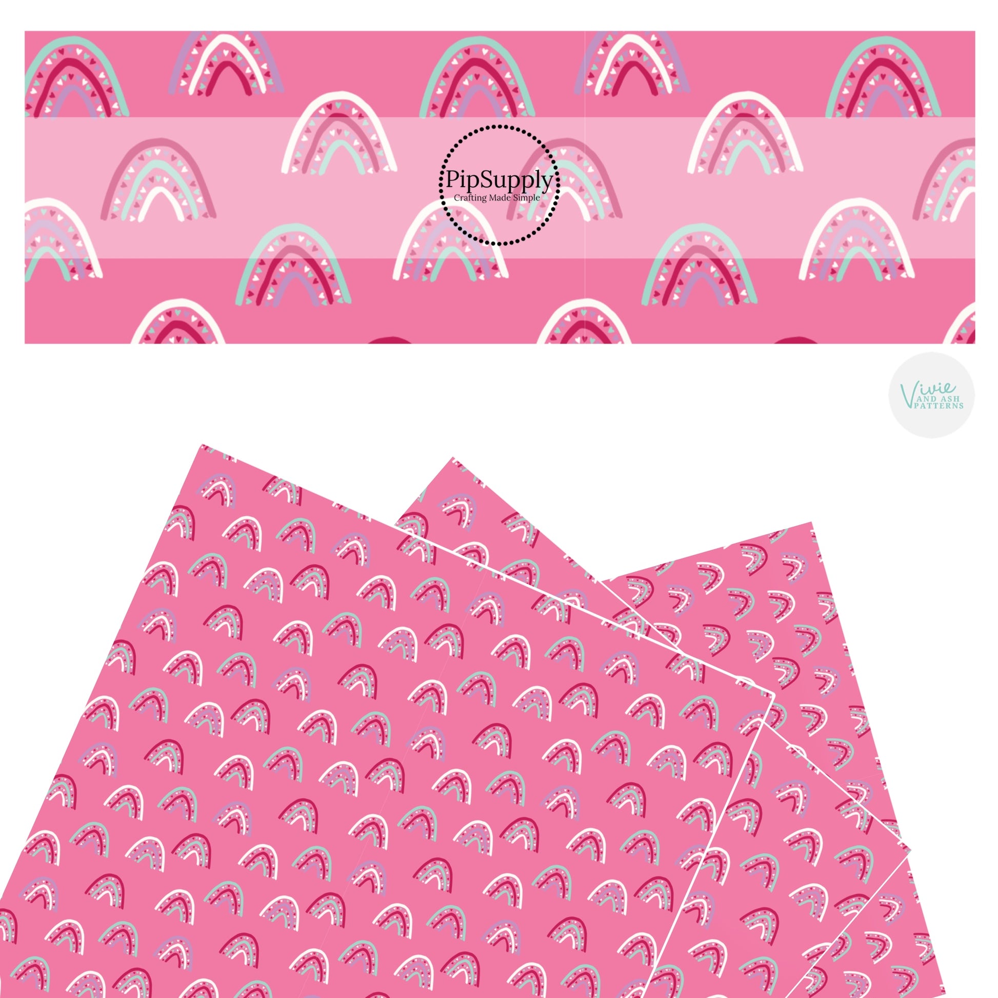 These Valentine's pattern themed faux leather sheets contain the following design elements: multi colored rainbows on pink. Our CPSIA compliant faux leather sheets or rolls can be used for all types of crafting projects.