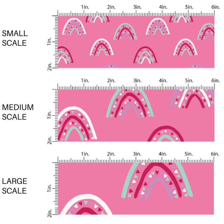 Pink, Purple, and Aqua Heart Rainbows on Pink Fabric by the Yard scaled image guide.