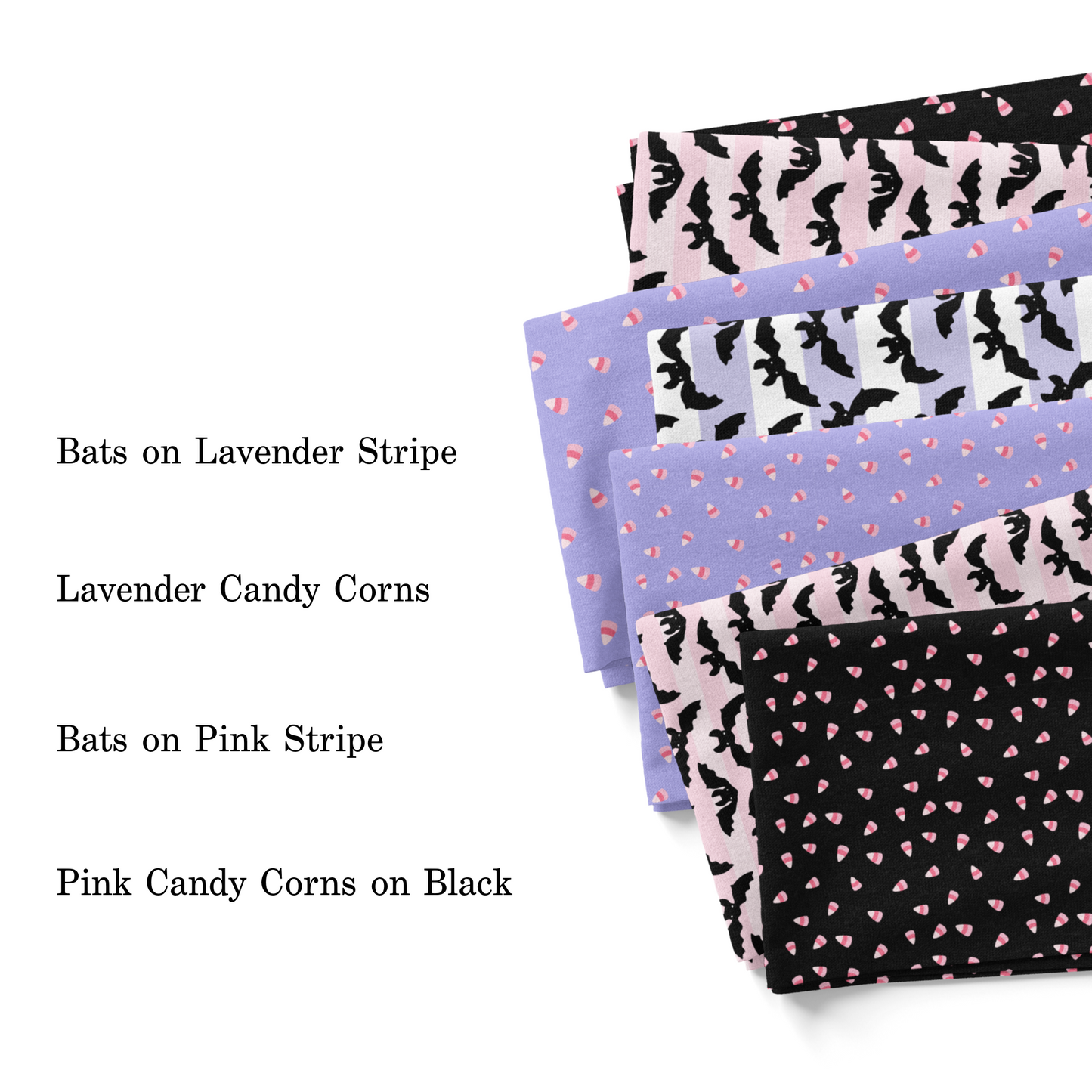 Pink, Purple, and black Halloween fabric swatches with bats and candy corn.