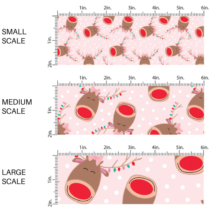 This scale chart of small scale, medium scale, and large scale of these holiday pattern themed fabric by the yard features reindeer with Christmas lights on light pink with small white dots. This fun Christmas fabric can be used for all your sewing and crafting needs!