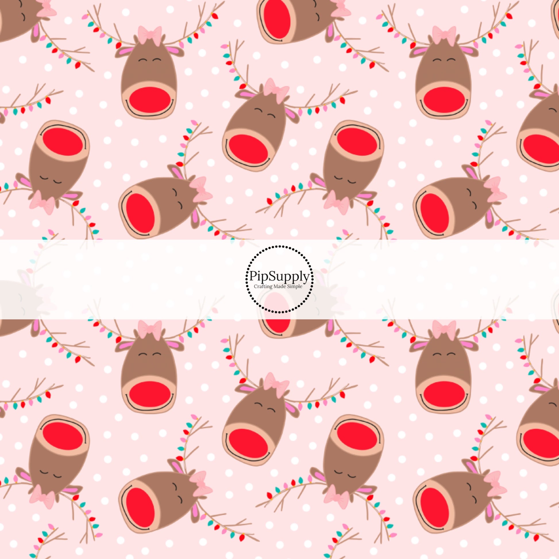 These holiday pattern themed fabric by the yard features reindeer with Christmas lights on light pink with small white dots. This fun Christmas fabric can be used for all your sewing and crafting needs!