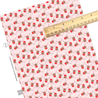 These holiday themed faux leather sheets contain the following design elements: Reindeer with Christmas lights on light pink with small white dots. Our CPSIA compliant faux leather sheets or rolls can be used for all types of crafting projects.