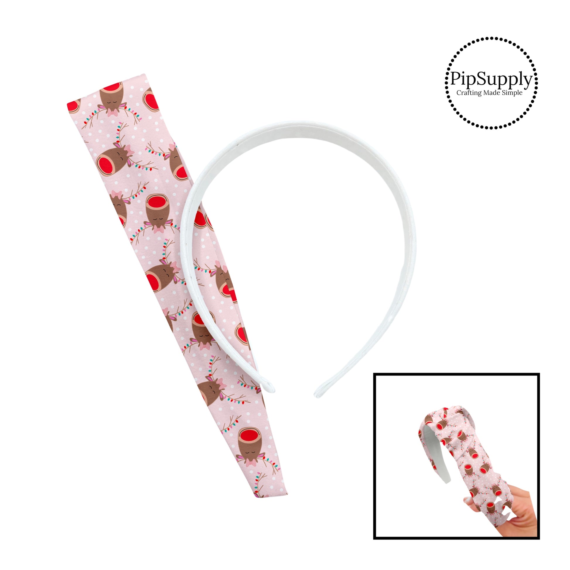 These holiday pattern themed headband kits are easy to assemble and come with everything you need to make your own knotted headband. These fun Christmas kits include a custom printed and sewn fabric strip and a coordinating velvet headband. The headband kits features reindeers with Christmas lights on light pink with small white dots. 