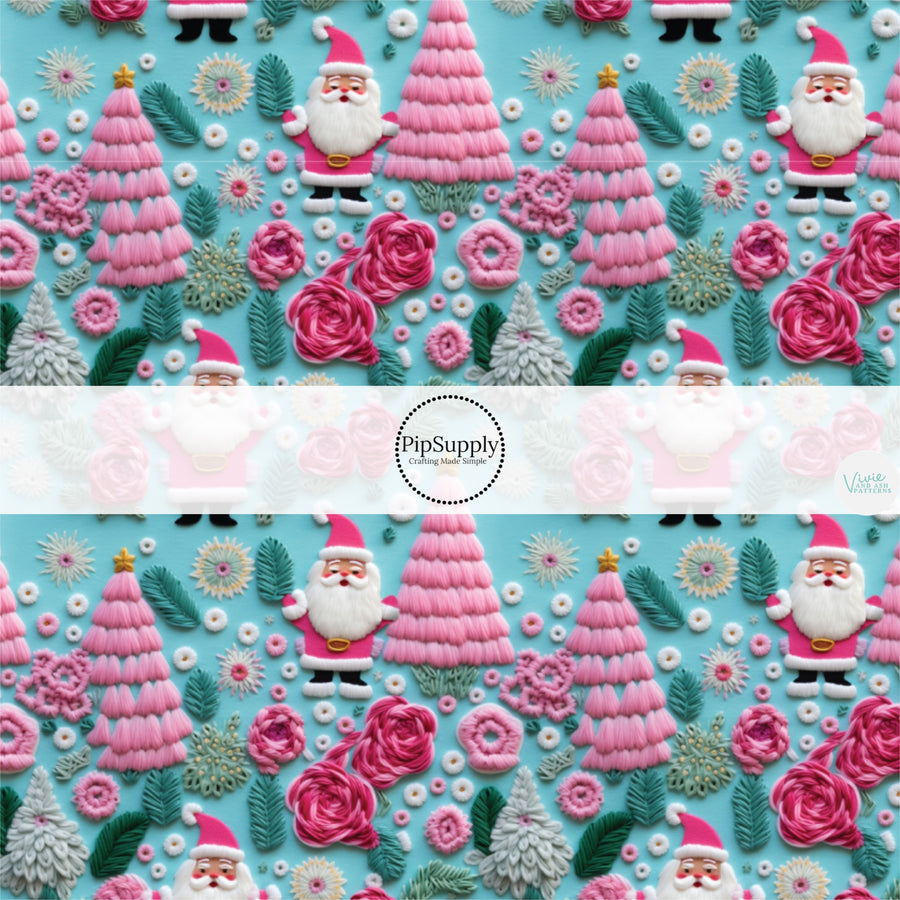 These holiday sewn pattern themed fabric by the yard features Santa and pink Christmas trees and flowers on blue. This fun Christmas fabric can be used for all your sewing and crafting needs!