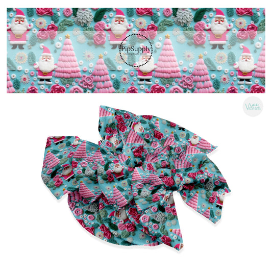 These holiday sewn pattern themed no sew bow strips can be easily tied and attached to a clip for a finished hair bow. These Christmas bow strips are great for personal use or to sell. The bow strips features Santa and pink Christmas trees and flowers on blue. 