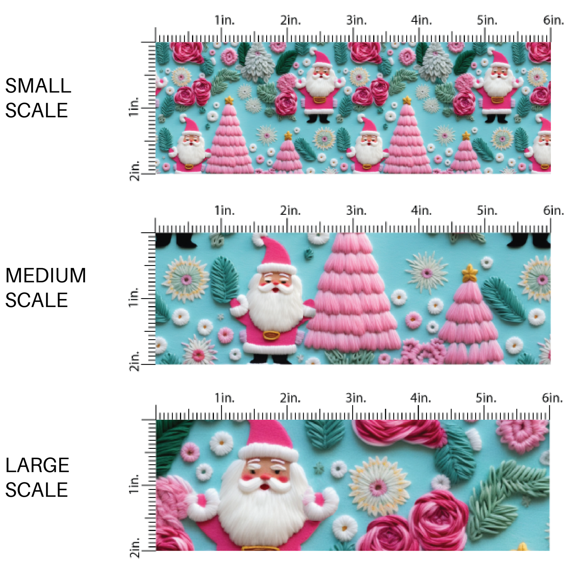 This scale chart of small scale, medium scale, and large scale of these holiday sewn pattern themed fabric by the yard features Santa and pink Christmas trees and flowers on blue. This fun Christmas fabric can be used for all your sewing and crafting needs!
