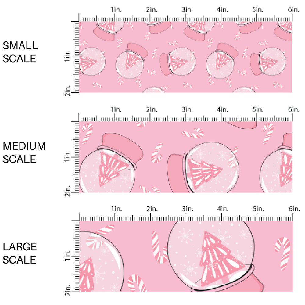 This scale chart of small scale, medium scale, and large scale of these holiday pattern themed fabric by the yard features snow globes with Christmas trees on pink. This fun Christmas fabric can be used for all your sewing and crafting needs!