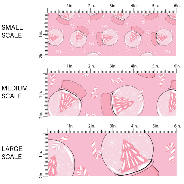 This scale chart of small scale, medium scale, and large scale of these holiday pattern themed fabric by the yard features snow globes with Christmas trees on pink. This fun Christmas fabric can be used for all your sewing and crafting needs!