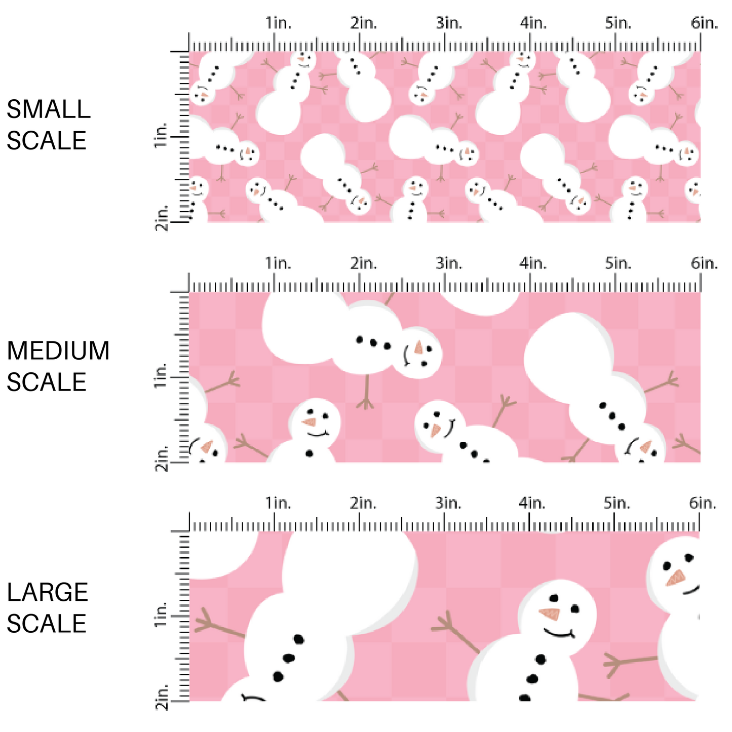 This scale chart of small scale, medium scale, and large scale of these holiday pattern themed fabric by the yard features snowman on pink checkered pattern. This fun Christmas fabric can be used for all your sewing and crafting needs!