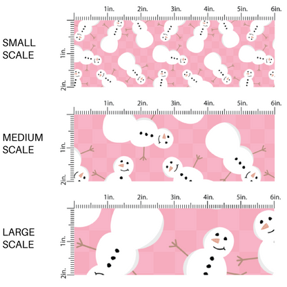 This scale chart of small scale, medium scale, and large scale of these holiday pattern themed fabric by the yard features snowman on pink checkered pattern. This fun Christmas fabric can be used for all your sewing and crafting needs!