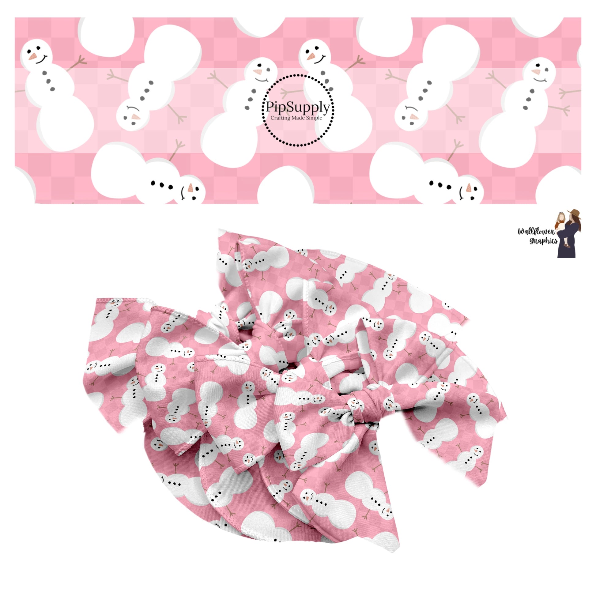 These holiday pattern themed no sew bow strips can be easily tied and attached to a clip for a finished hair bow. These Christmas bow strips are great for personal use or to sell.  The bow strips features features snowman on pink checkered pattern.