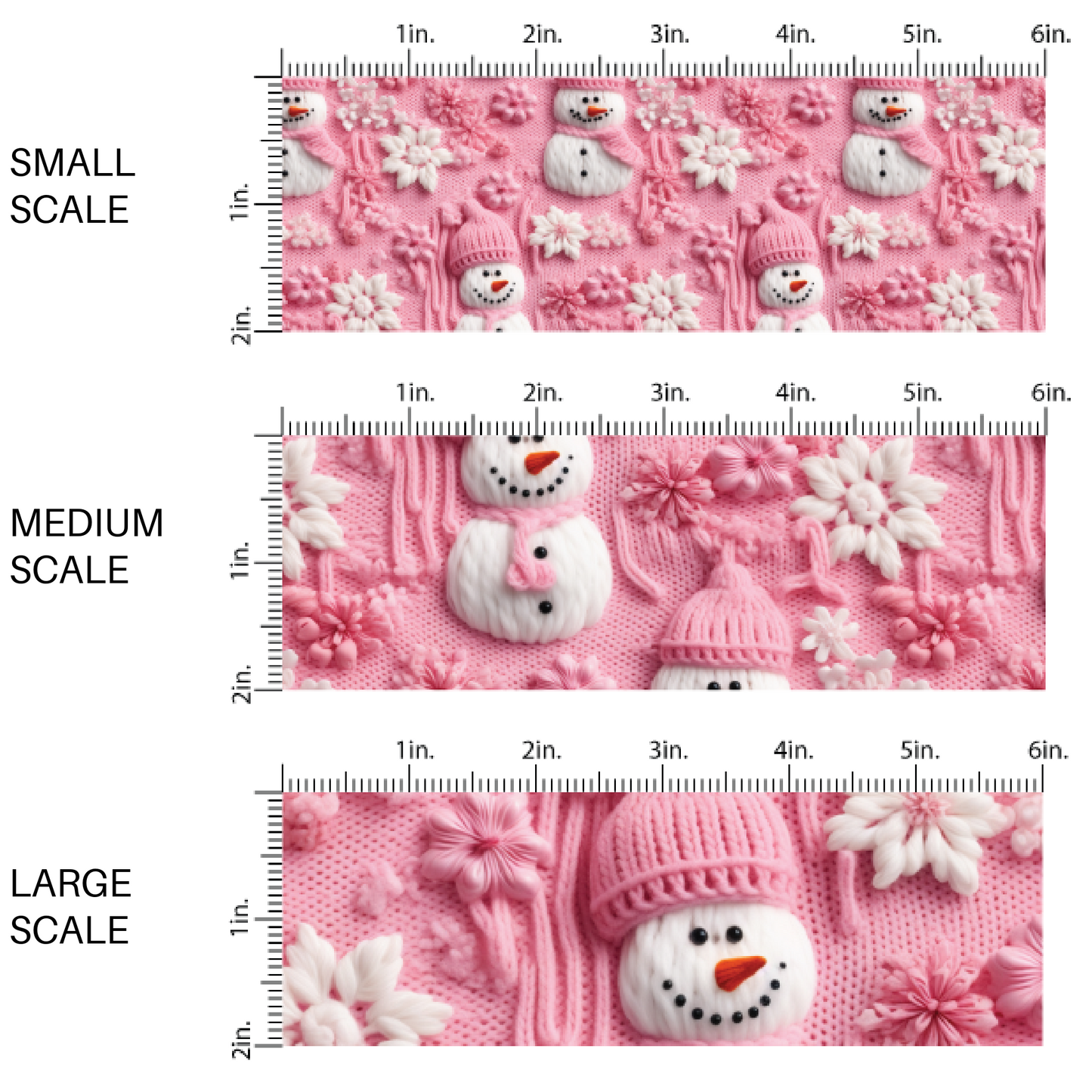 This scale chart of small scale, medium scale, and large scale of these holiday sewn pattern themed fabric by the yard features pink and white snowflakes on pink. This fun Christmas fabric can be used for all your sewing and crafting needs!