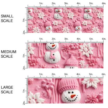 This scale chart of small scale, medium scale, and large scale of these holiday sewn pattern themed fabric by the yard features pink and white snowflakes on pink. This fun Christmas fabric can be used for all your sewing and crafting needs!