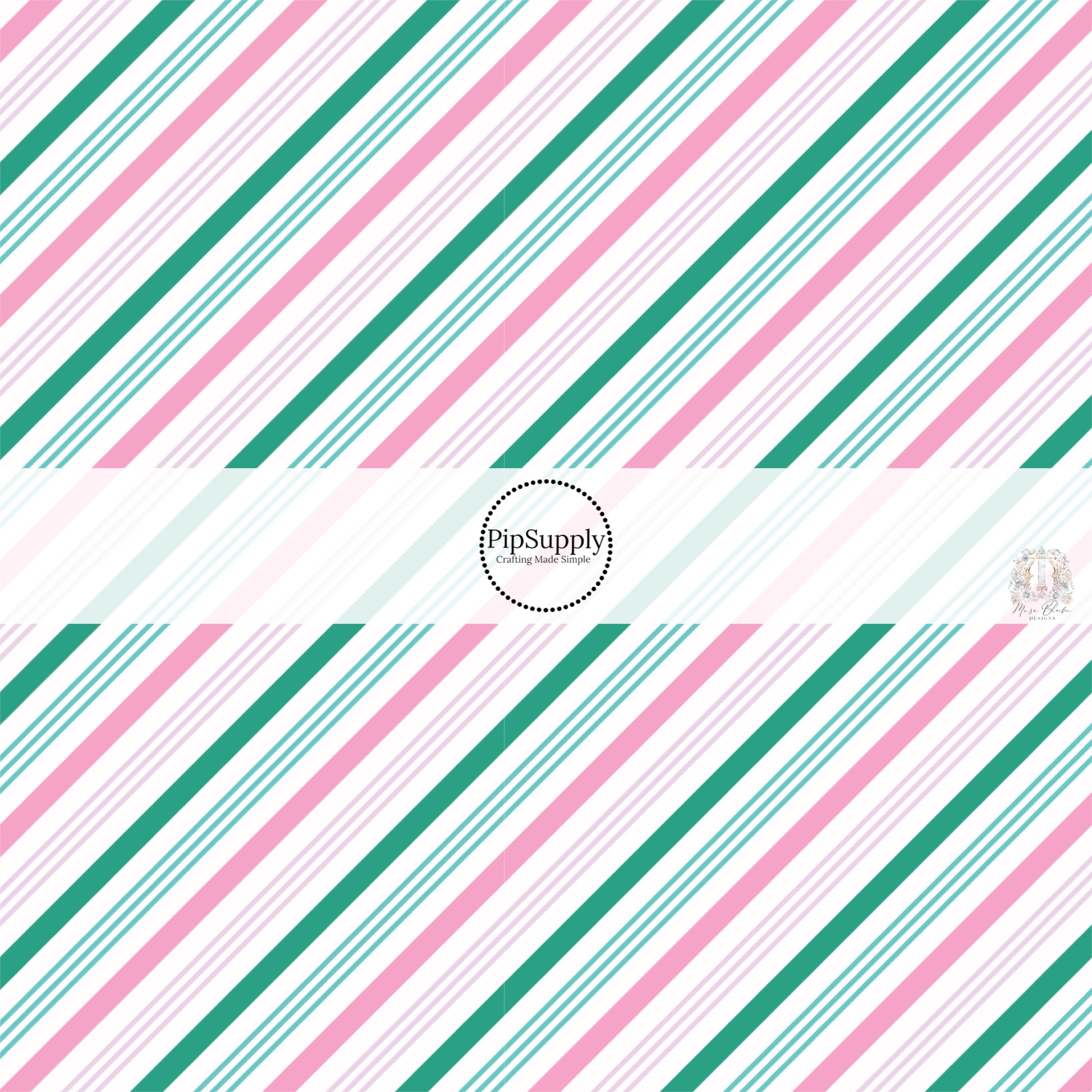 White fabric by the yard with green and pink diagonal stripes.