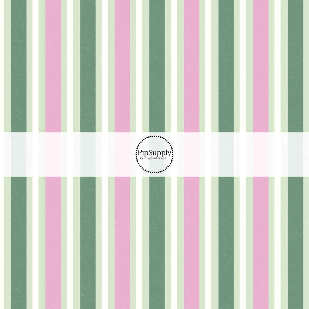 Dark Green, Pink, and Light Green Striped Fabric by the Yard.