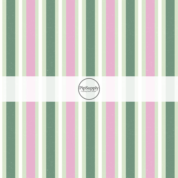 Dark Green, Pink, and Light Green Striped Fabric by the Yard.