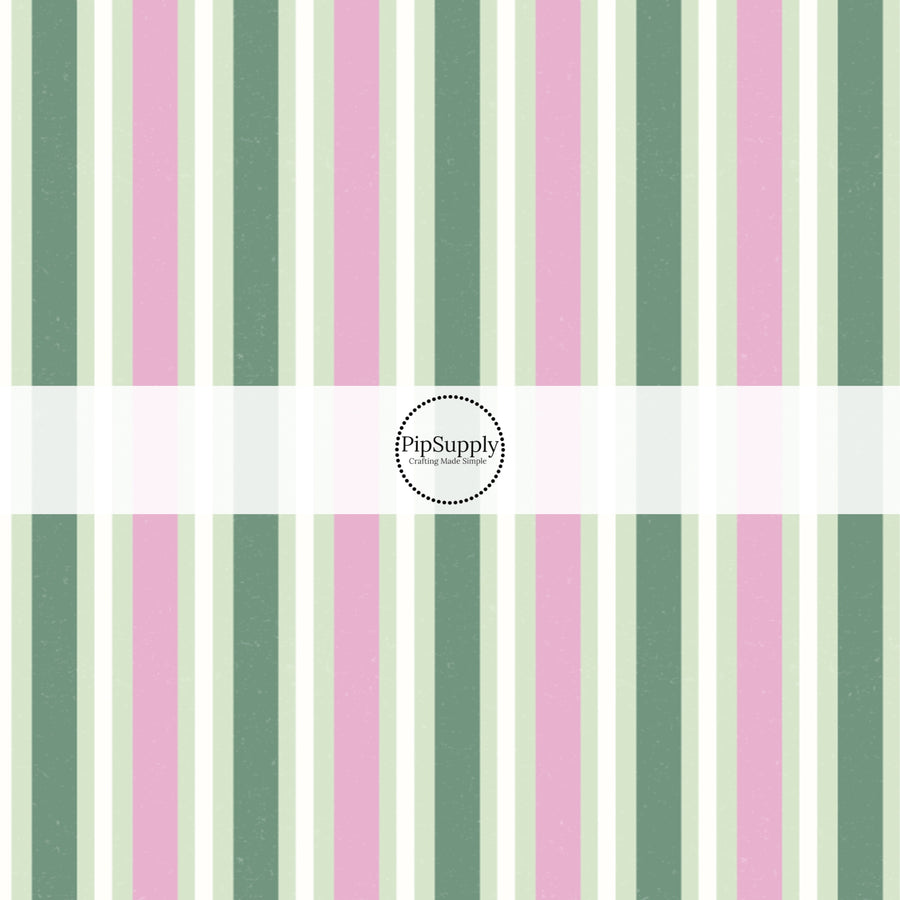 Dark Green, Pink, and Light Green Striped Fabric by the Yard.