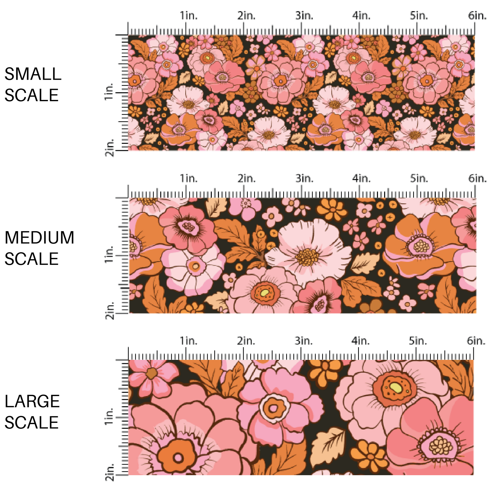 Black fabric by the yard scaled image guide with orange and pink florals.
