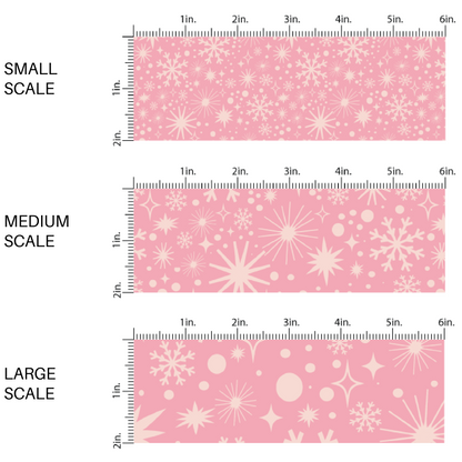 Pink fabric by the yard scaled image guide with scattered snowflakes.