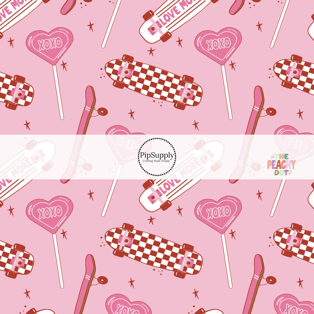 This Valentine's Day fabric by the yard features candy and skateboards on pink. This fun pattern fabric can be used for all your sewing and crafting needs!