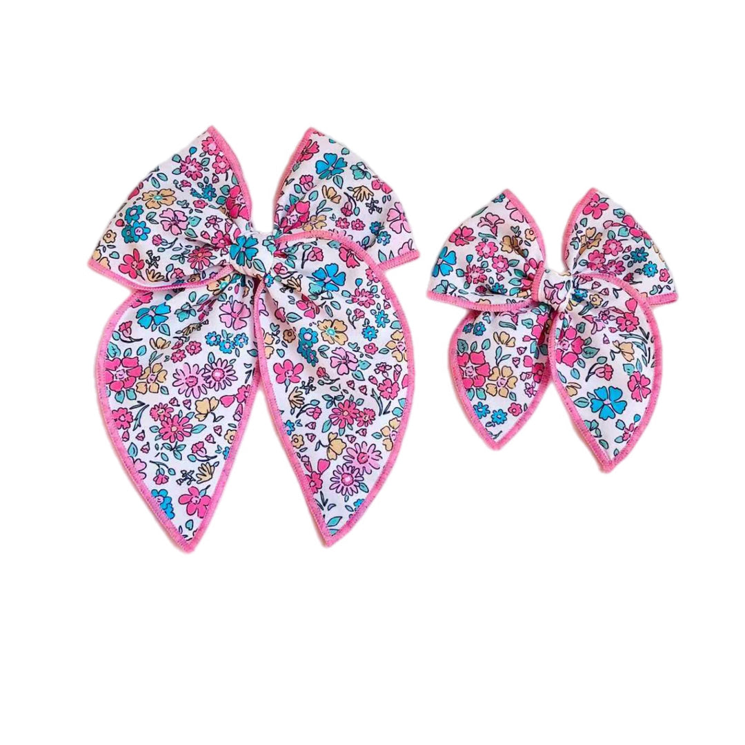 Pink Floral Fabric SAILOR Hair Bow w/ Clip