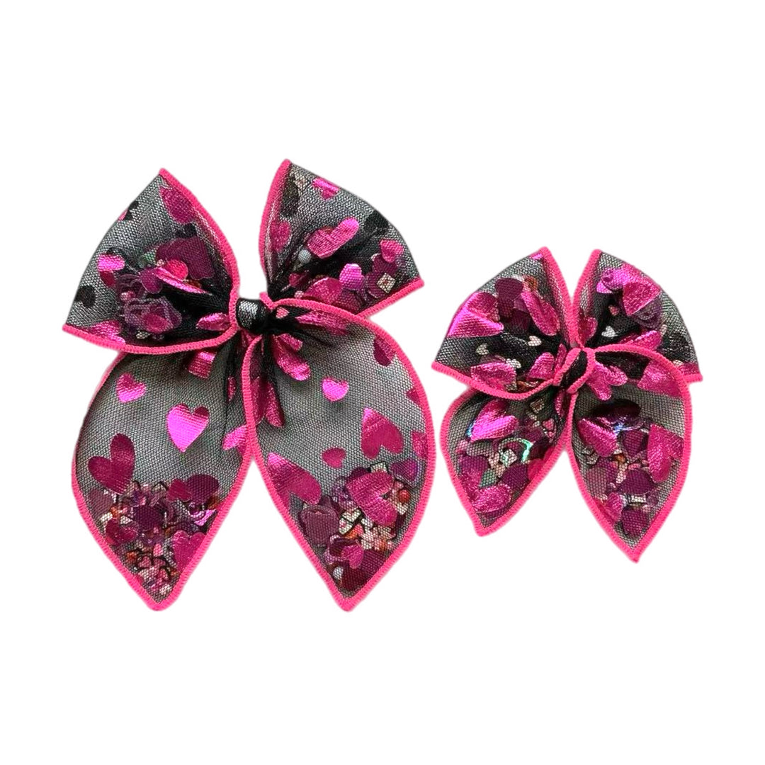Pink Metallic Hearts Black Tulle Shaker Hair Tied Bow w/ Clip