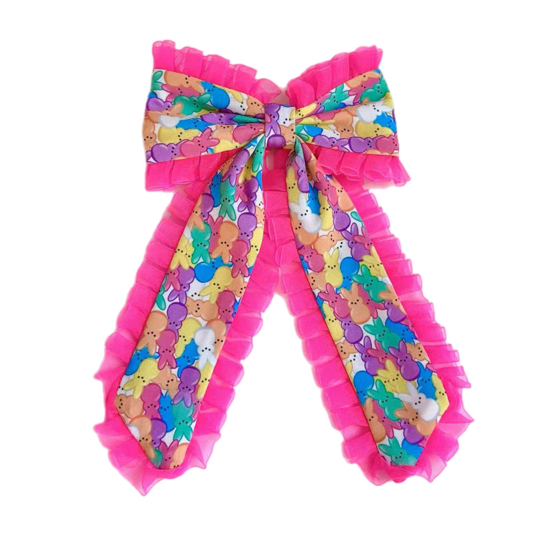 Pink Ruffle Squishy Bunny Long Tail Hair Tied Bow w/ Clip