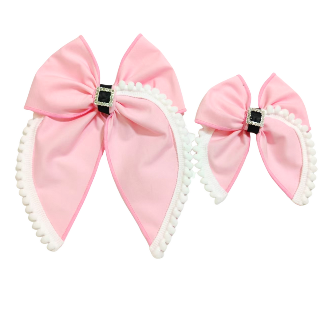 Pink Santa Buckle Pom Pom Bows TIED With Clip