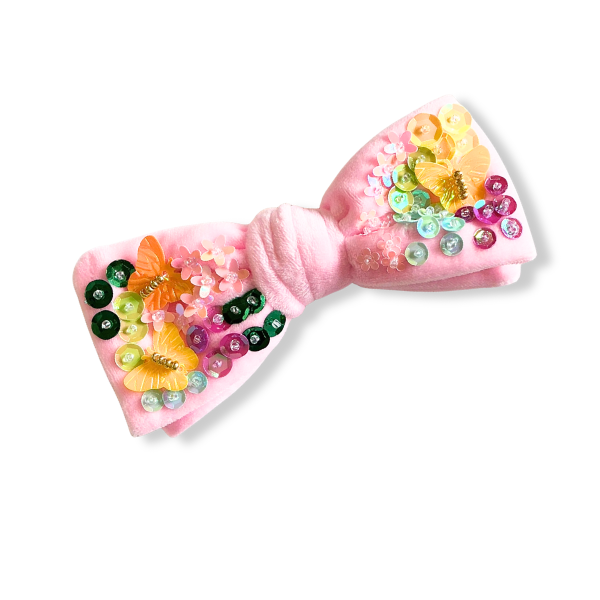 Luxe Pink Velvet Butterfly Sequin  Bow w/ Clip