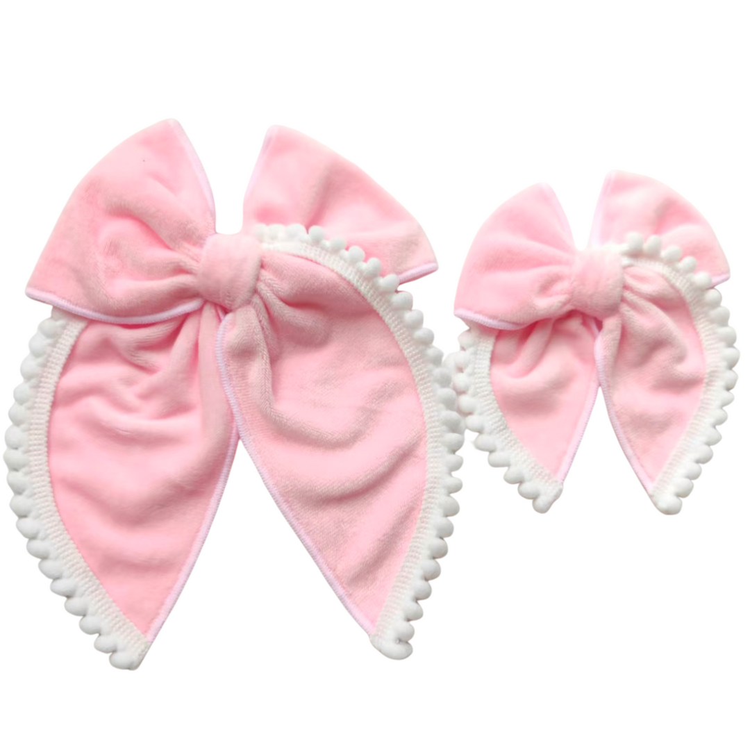 Pink Velvet Snowball Trim Hair Bow w/Clip