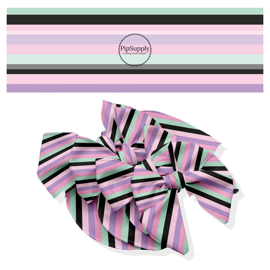 These Halloween themed no sew bow strips can be easily tied and attached to a clip for a finished hair bow. These fun spooky patterned bow strips are great for personal use or to sell. These bow strips feature the following design elements: colorful stripe pattern.