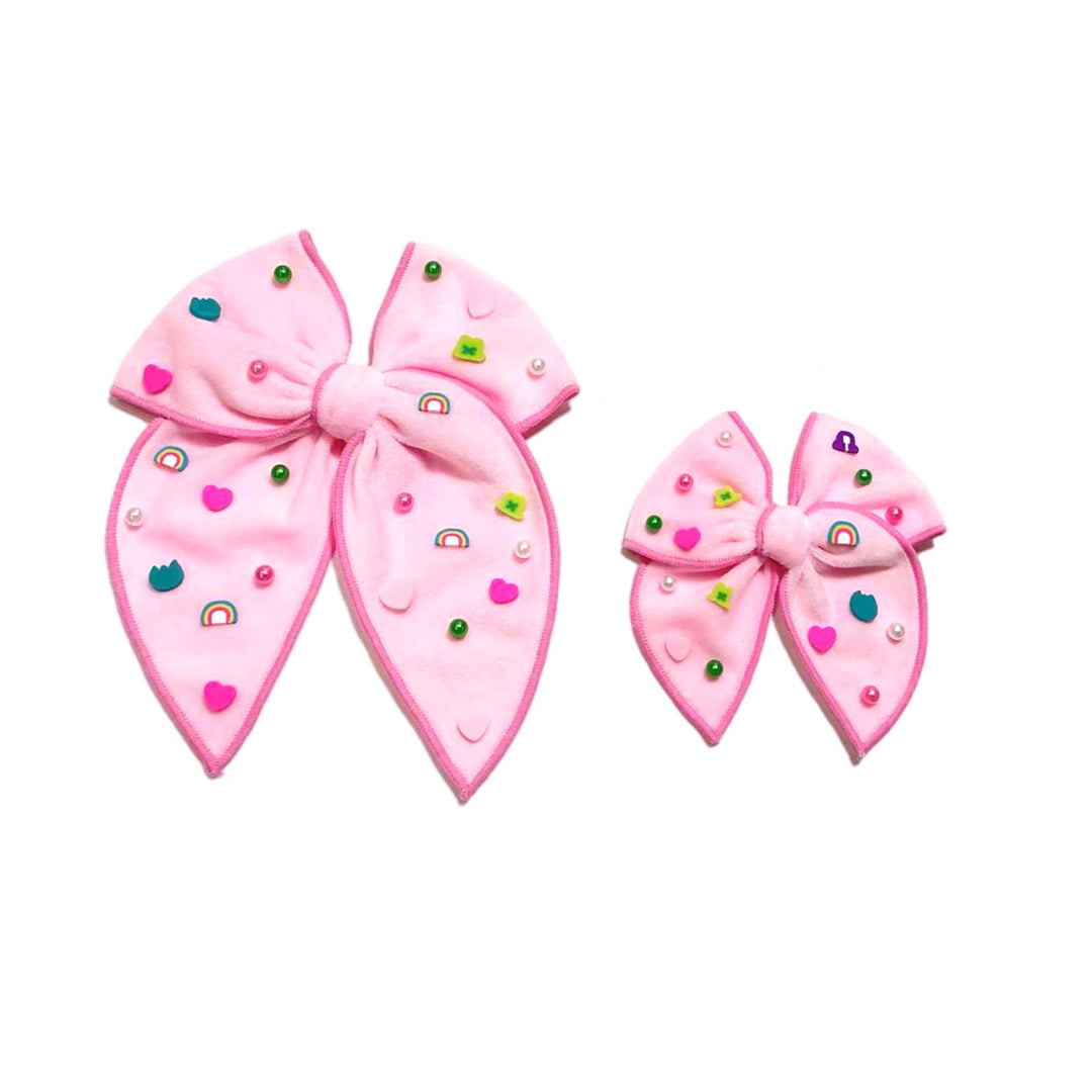 Pink Velvet Lucky Charm Serged Edge Bow w Clip