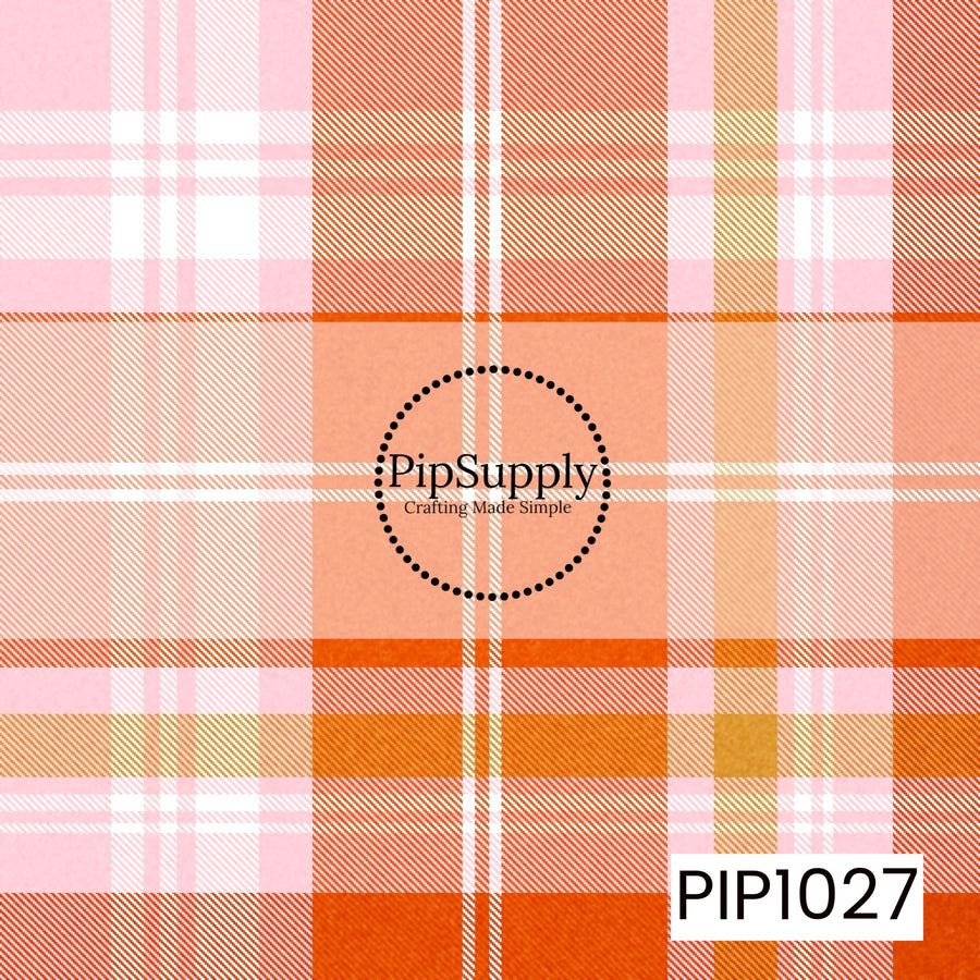 A soft watercolor plaid featuring warm shades of pumpkin orange, peach, golden mustard, crisp white, and blush pink. The classic tartan pattern blends cozy fall hues with a sweet pastel twist, creating a charming seasonal coordinate that's perfect for Halloween, autumn, and harvest-inspired collections.
