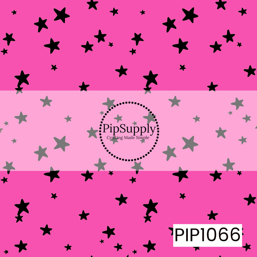 A playful seamless pattern featuring scattered black stars in varying sizes on a bright hot pink background. The bold celestial design adds a fun, whimsical touch with eye-catching contrast, making it a perfect coordinating print for Halloween, magical, and everyday designs.
