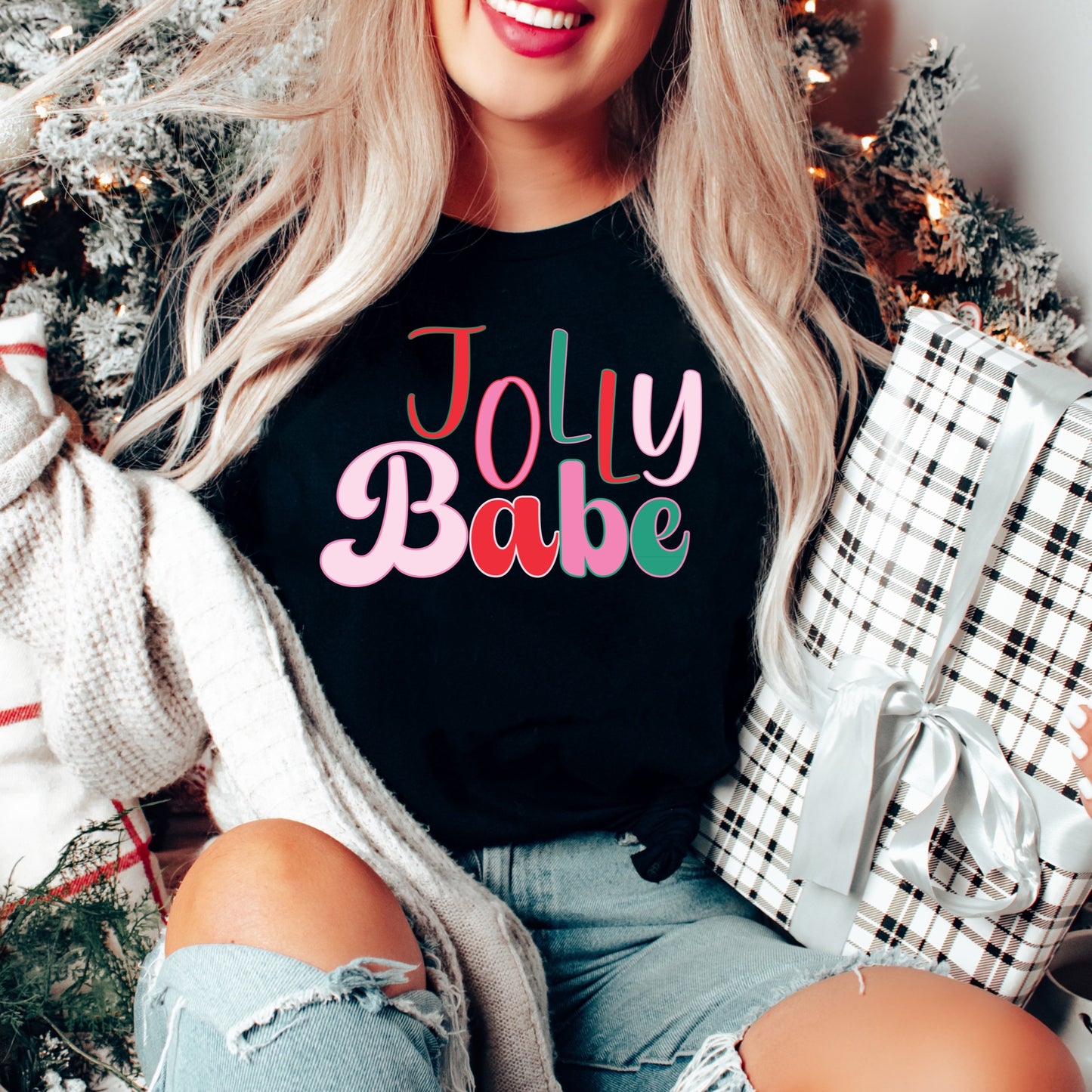 Green, Pink, and Red "Jolly Babe" Christmas Iron On Heat Transfer