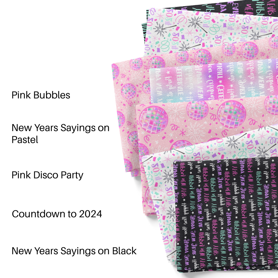 Pastel themed New Years fabric by the yard swatches.