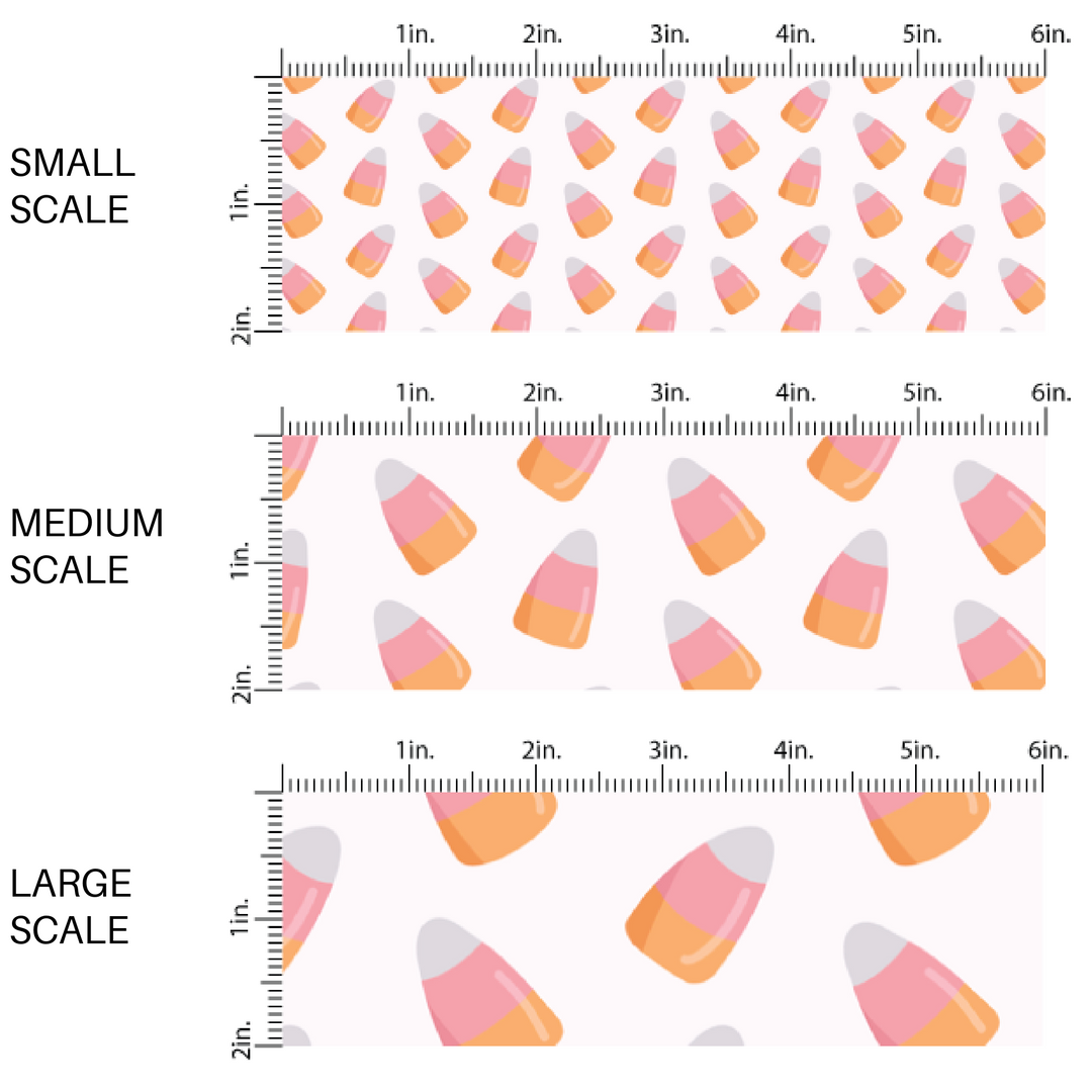 Bone white fabric by the yard scaled image guide with scattered pink, white, and orange candy corn.