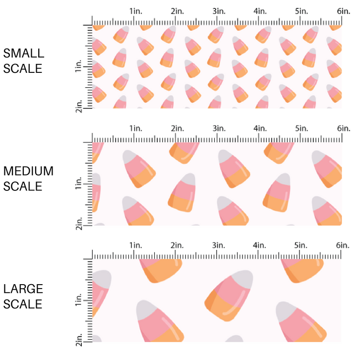 Bone white fabric by the yard scaled image guide with scattered pink, white, and orange candy corn.