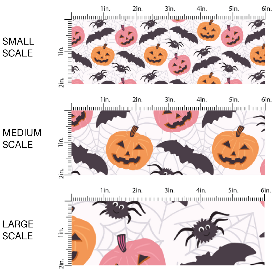 Bone white fabric by the yard scaled image guide with pumpkins, bats, and spiderwebs.